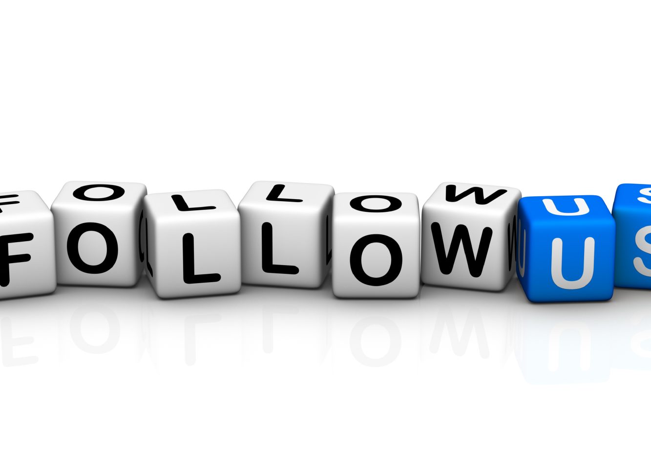Text blocks spelling "FOLLOW US," with one block in blue and the rest in white.