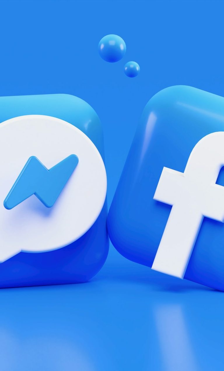 Blue chat and Facebook logo icons on a blue background.